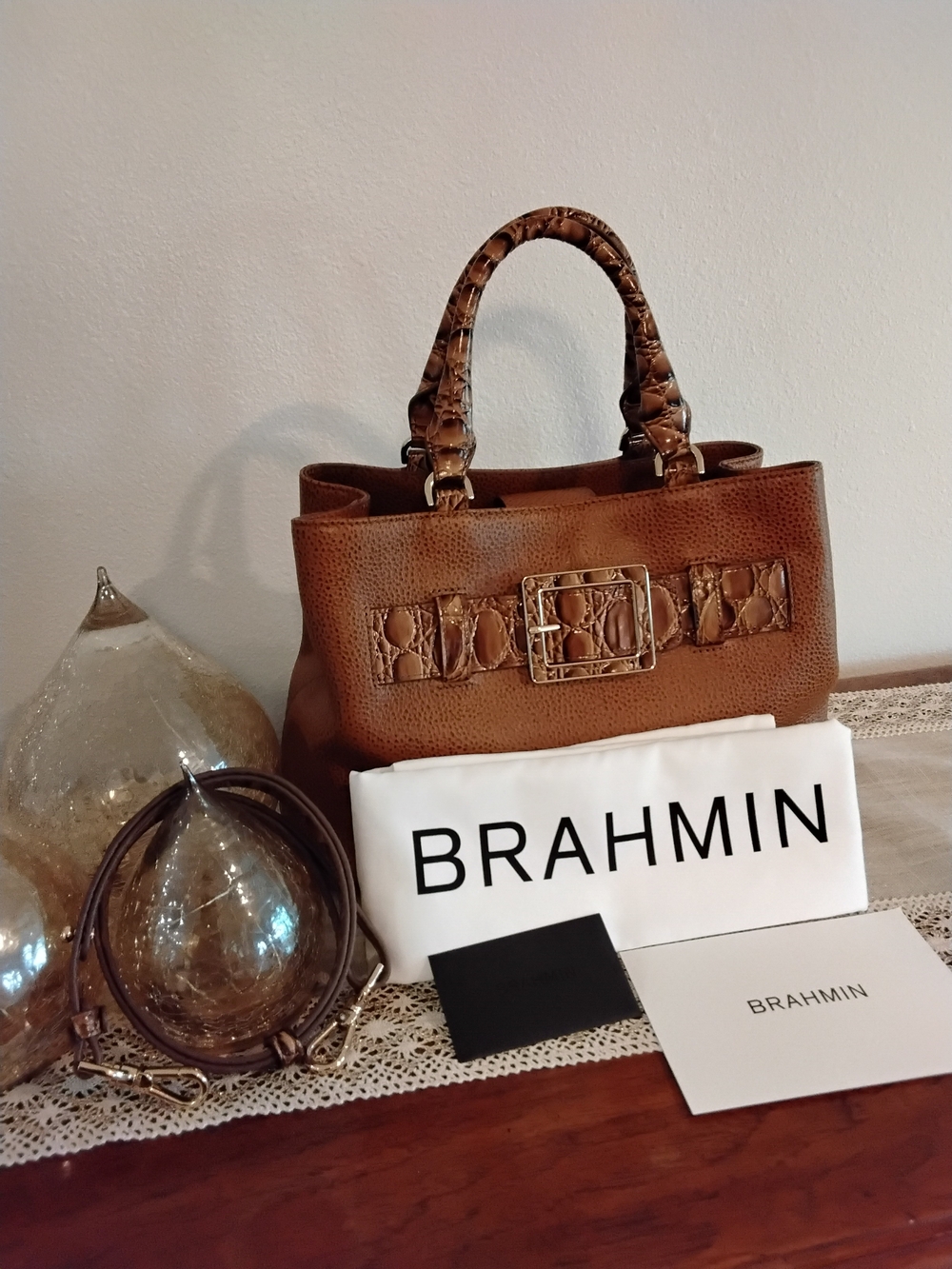 Brahmin Warm Cinnamon Croc-Trim Leather Satchel